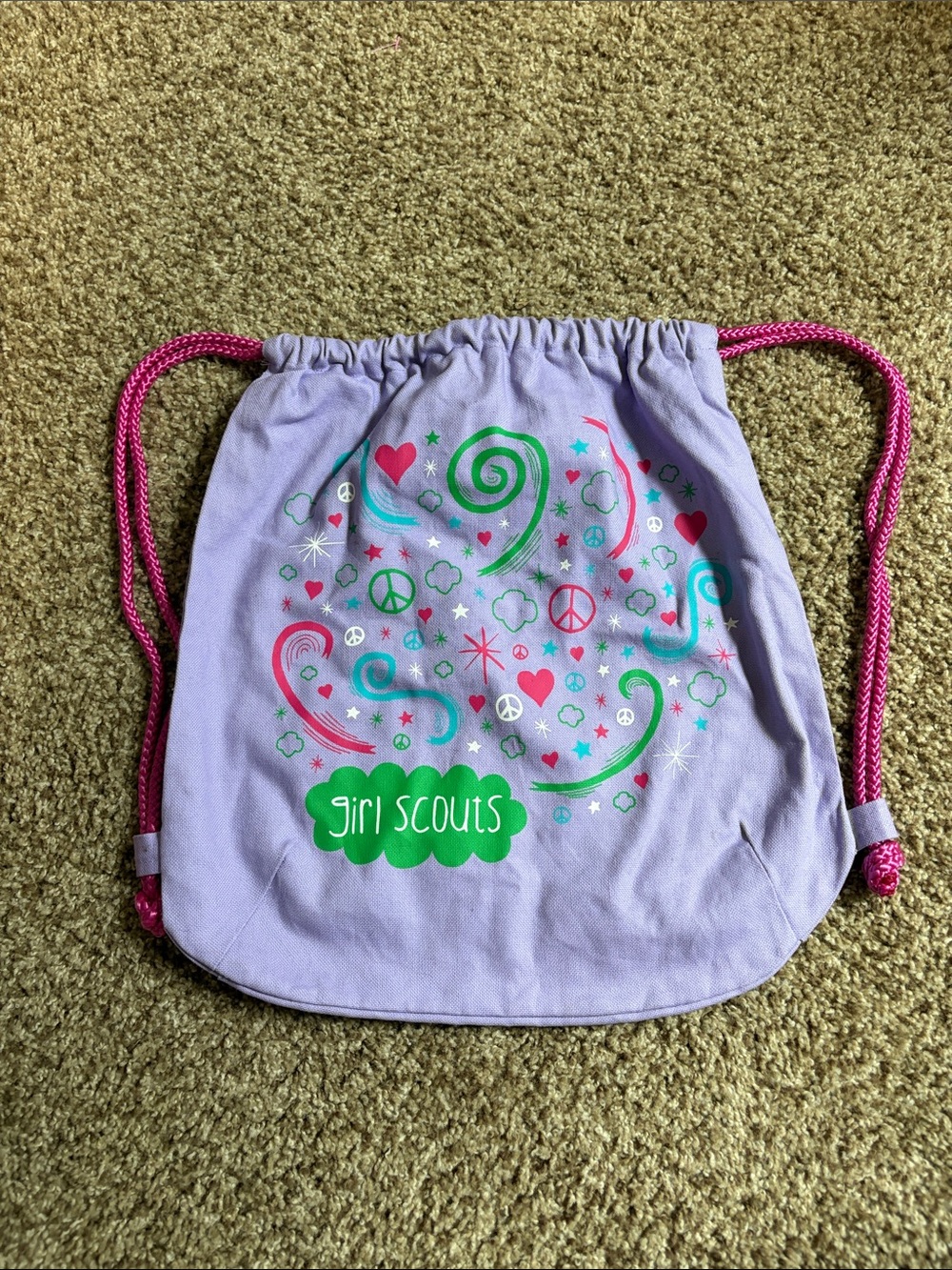 Girl Scouts Lavender Drawstring Bag with Pink Cords